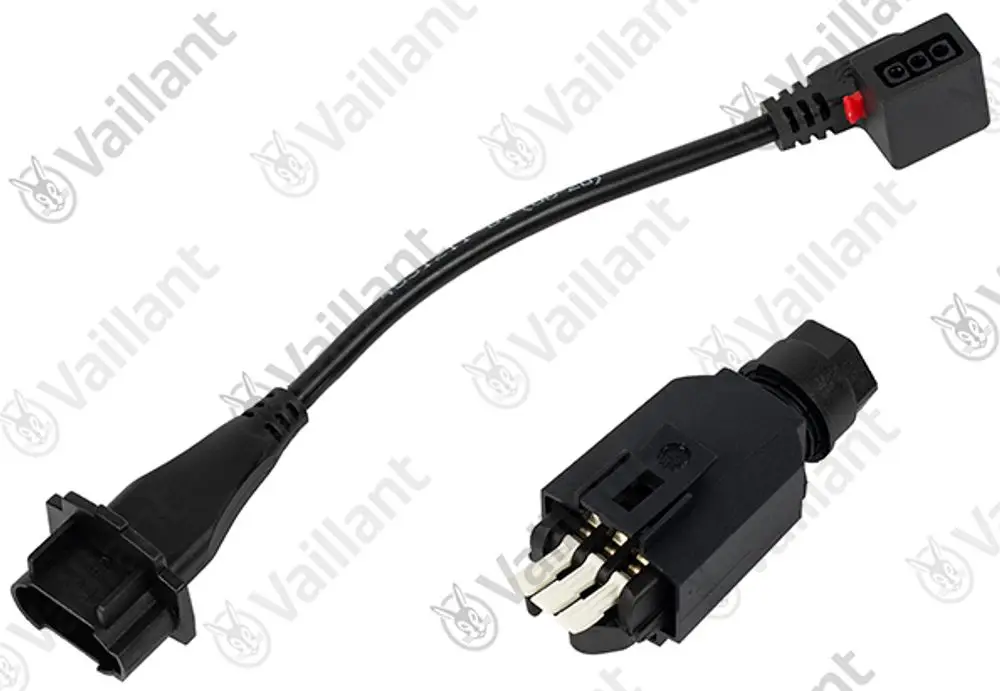 Vaillant Stecker für Solarstation mit zwei Anschlüssen. Kabel mit einem Steckanschluss und einem quadratischen Stecker für die Verbindung. Schwarz, robuste Bauweise.